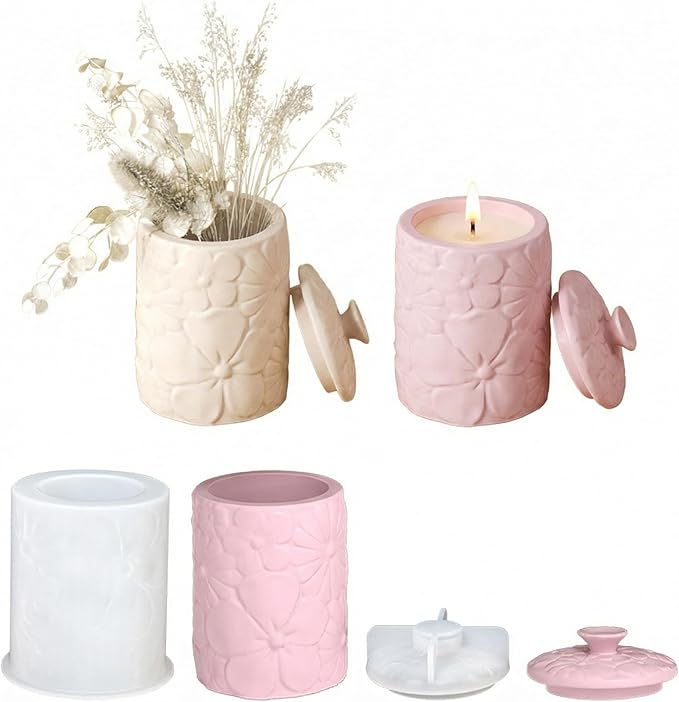 Cylindrical Embossed Flower Storage Jar Silicone Mold, Floral Design Candle Holder Mold for DIY Aromatherapy Plaster, Candles, Resin Crafts - Eco-Friendly Home Decor Gift