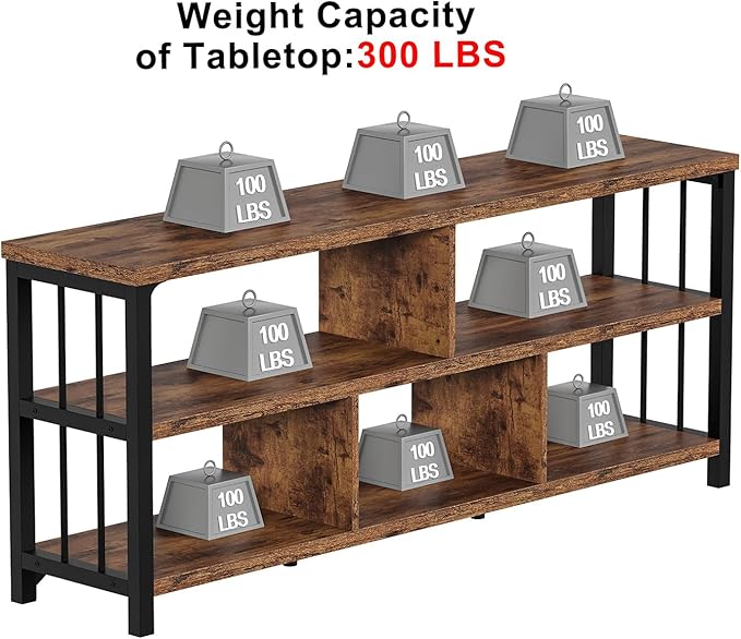 IBF Bookshelf, Farmhouse 63” Long Open Book Shelf, Wood Metal 5 Cube Bookcase for Living Room, Low Horizontal Bookshelf for Bedroom, Wide Cubby Storage Organizer for Home Office, Rustic Brown, 63 Inch