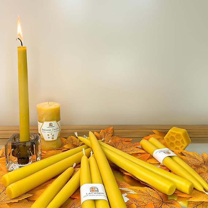 Pure Beeswax Taper Candles 8 pcs, 8" Long Candlesticks, Natural Bees Wax Candles for Home, Dripless Beeswax Candles, Subtle Honey Scent, 6 Hours Burn Time by Lacaser