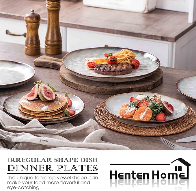 Henten Home Ceramic Dinner Plate Set, 11 Inch Porcelain Pizza, Pasta, Salad Plates, Irregular Shape Steak Plates Set of 4, Stoneware Serving Dishes for Kitchen (White)