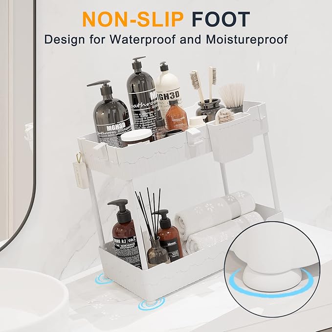 2 Pack Under Sink Organizer, Under Bathroom Cabinet Organizer with Hooks Hanging Cup, Multi-Purpose Storage Shelf for Kitchen Bathroom (White, 14.8 Inch)