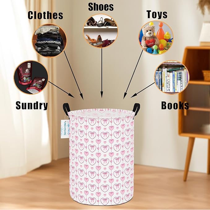 LANGYASHAN Laundry Basket Canvas Fabric Collapsible Organizer Basket for Storage Bin Toy Bins Gift Baskets Bedroom Clothes Children Nursery Hamper (Pearl Heart)