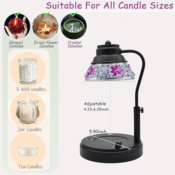 Electric Candle Warmer Lamp with Colorful Diamond Lampshade, Metal Wax Melting Lattern with Timer and Dimmer, Adjustable Height Candle Melting Lamp Home Decor (Black Purple)