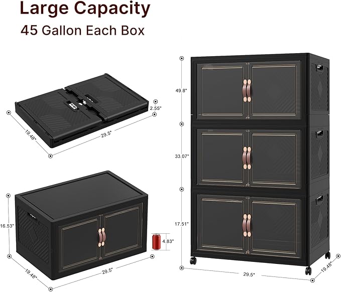 UAMFURI Stackable Storage Bins with Lids,1080QT Lockable Storage Cabinet, Foldable Storage Box with Doors and Wheels, Plastic Drawers for Home, Garage, Office (6, Black, Extra Large)
