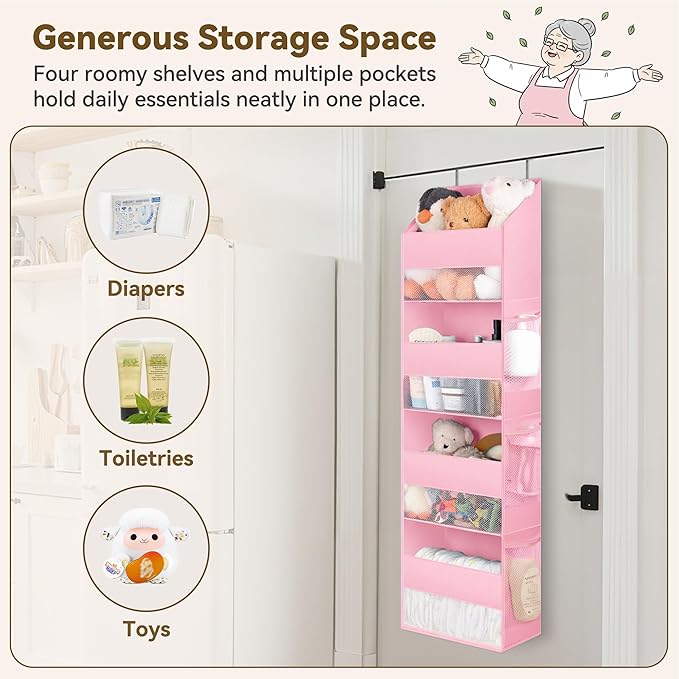 GRANNY SAYS Over the Door Organizer, 4-Shelf Behind the Door Storage with 6 Pockets, Waterproof 300D Oxford Fabric Hanging Organizer, Anti Tilt 35lb Load Shelf for Nursery, Kids Room, Bedroom, Pink