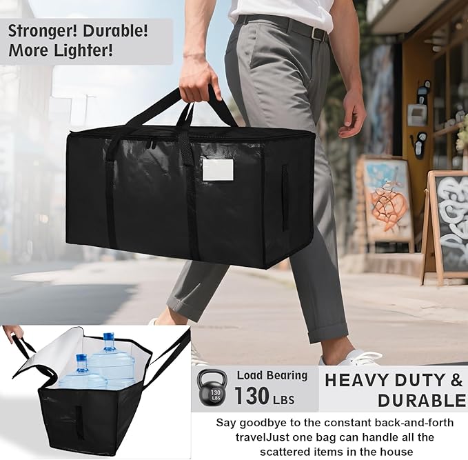 6 Pack-Extra Large Heavy Duty Moving Bags - Waterproof Storage Totes with Handles & Zippers, Foldable for College Dorm, Storage (Black)