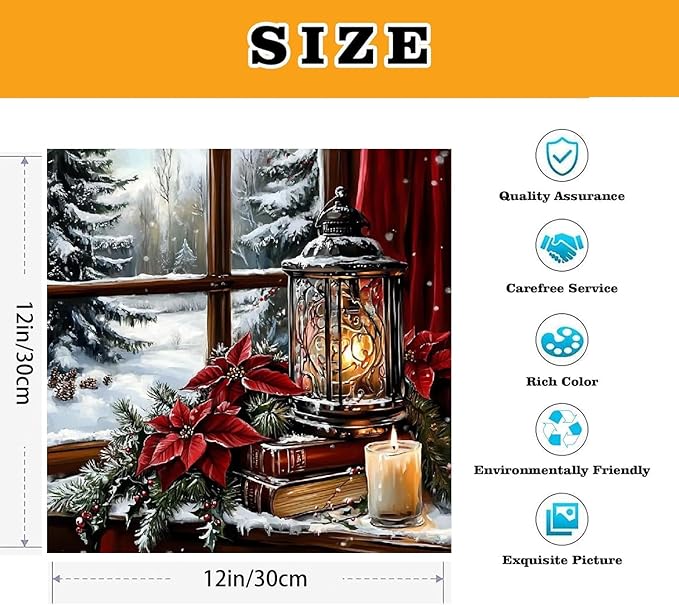 VIGEGU Christmas Paint by Numbers Kit for Adults with Framed,Lantern Candle Paint by Number DIY Adult Paint by Number Kits for Wall Decor 12x12in