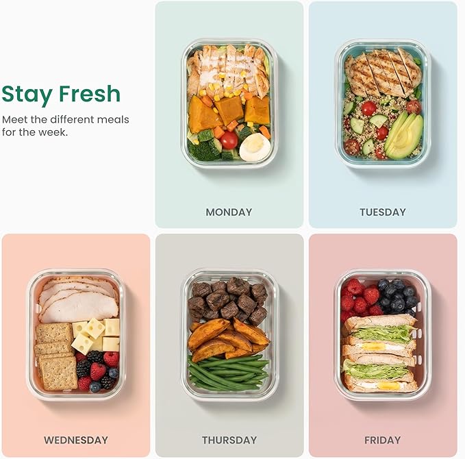 GENICOOK 4.4 Cup Glass Food Storage Containers, 5-Pack – Airtight Meal Prep Containers with Non-Slip Silicone Sleeve & Glass Lids, BPA-Free, Leakproof, Stackable