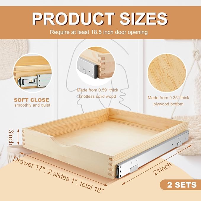 Menkxi 2 Set Wooden Pull out Cabinet Organizer Fully Assembled Slide out Pantry Drawer with Gentle Close Storage Shelf Tray for Base Kitchen Under Sink Bathroom Accessory(Wood Color,18'' X 21'' X 3'')