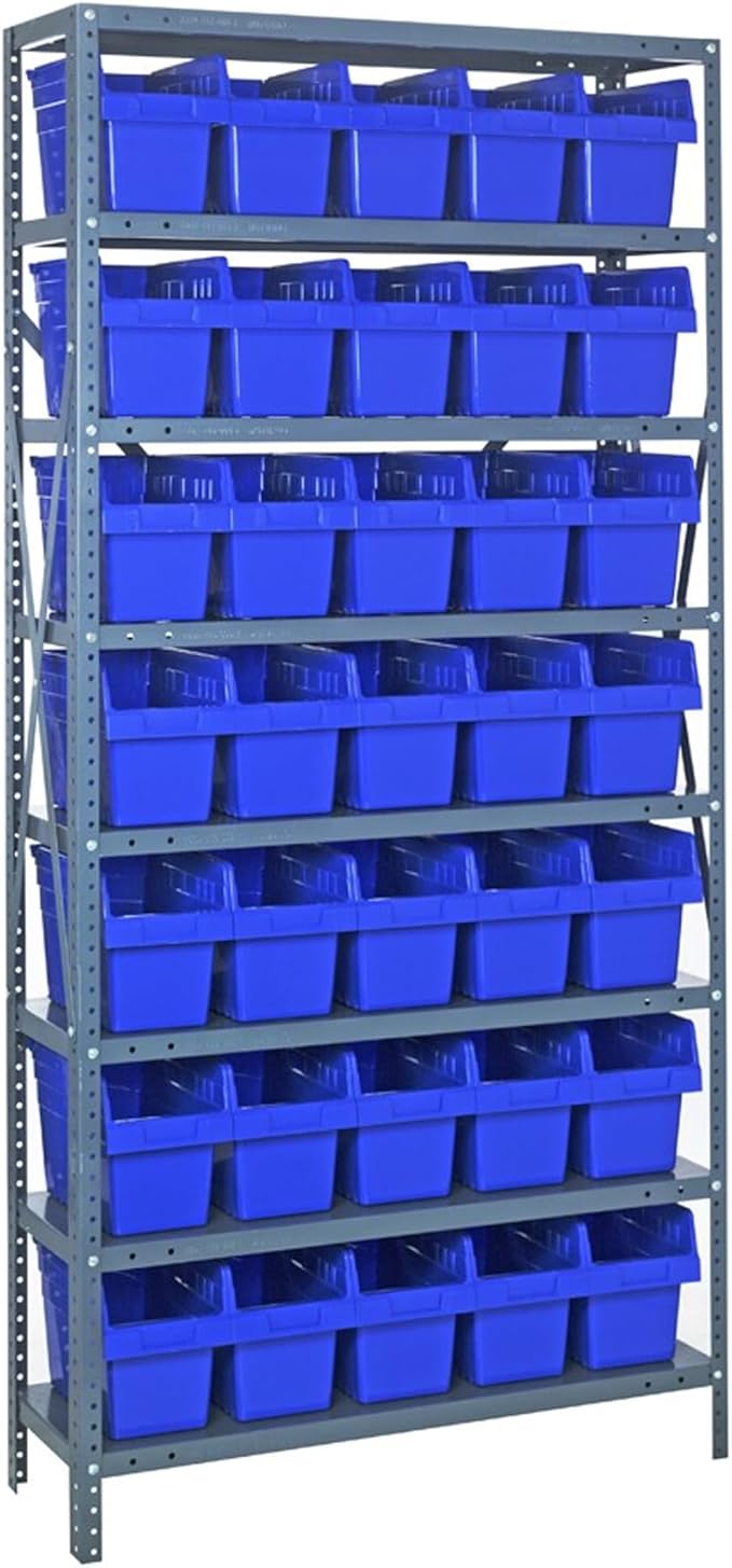 Quantum 1875-SB804BL Heavy Duty Shelving Unit with (8) Shelves and (35) SSB804 Blue Bins for Industrial Warehouse Storage Distribution | 400 lbs Capacity | 18"D x 36"L x 75"H, Galvanized Carbon Steel