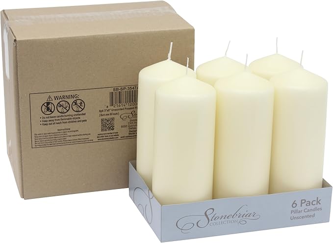 Stonebriar 80 Hour Long Burning Unscented Pillar Candles, 3x8, Ivory, 6 count