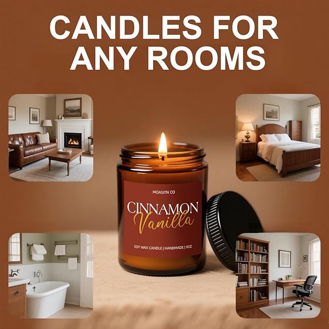 Cinnamon Vanilla Candle for Home Scented| Organic Soy Non Toxic Candles| Long Clean Burning Aromatheraphy Jar Candel for Women Men for Autumn,Winter, Halloween,Thanksgiving,Relaxing| 9oz