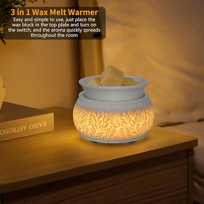 Ceramic Wax Melt Warmer for Scented Wax Warmer 3-in-1 Electric Fragrance Candle Warmer Lamp with 7 Colors LED Light for Mothers Day Birthday Gifts for Women Daughter Girl Home Office Deco(White-01)