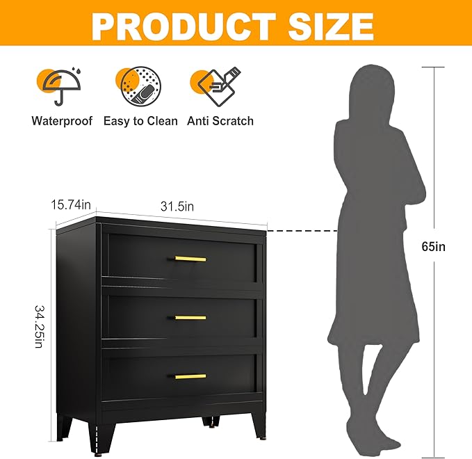 Ckzbx Metal Dresser for Bedroom 3 Drawers Dresser Metal Storage Organizer,34.25" H Drawer Chest, Closet Organizers for Living Room, Hallway, Closet (Black)