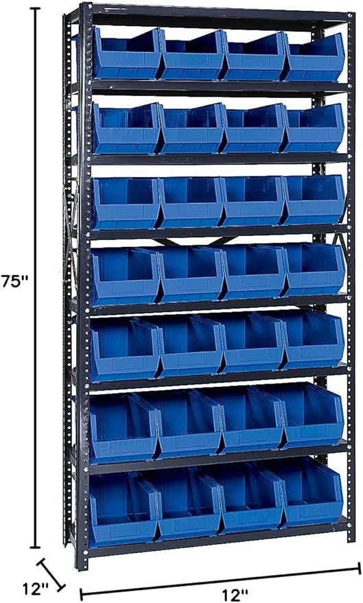 Quantum Storage Systems QSBU-240BL Giant Open Hopper Steel Shelving System, 12" D x 36" W x 75" H, with 8 Shelves and 28 QU240 Bins, Blue