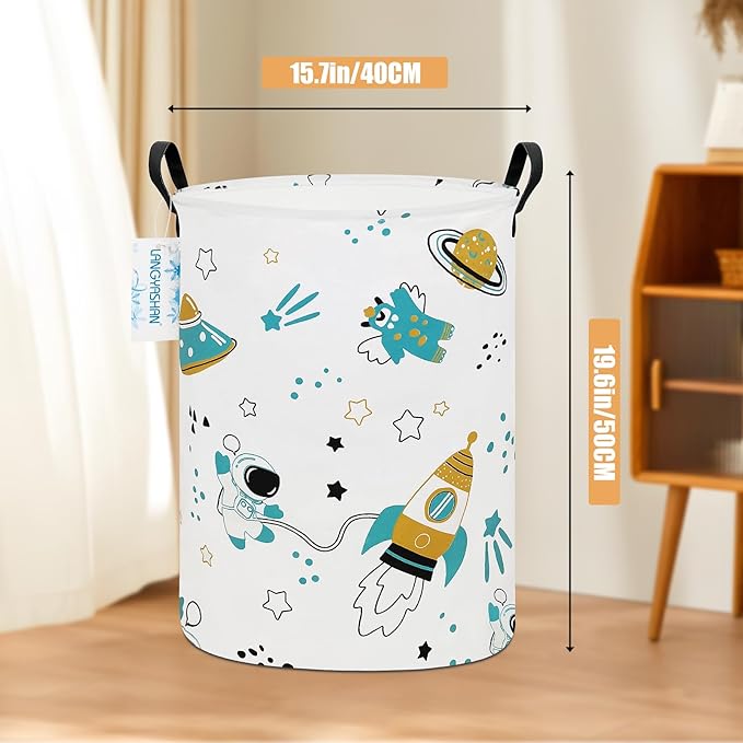 LANGYASHAN Storage Bin, Canvas Fabric Collapsible Organizer Basket for Laundry Hamper,Toy Bins,Gift Baskets, Bedroom, Clothes,Baby Nursery (Round space astronaut)