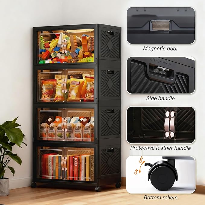 Collapsible Storage Bins with Lids&Wheels-252QT(63Gal) Stackable Plastic Containers with Doors,Heavy-Duty Foldable Organizer Bins for Home,Office,Books,Black,4-Pack