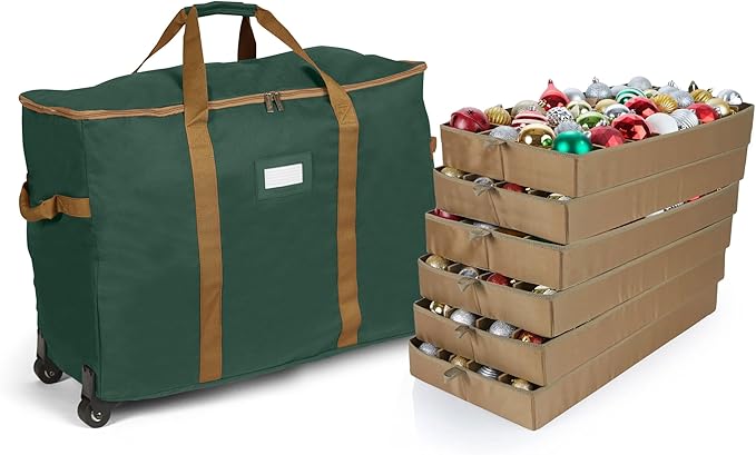 Covermates Keepsakes Rolling Adjustable Ornament Storage Bag – Heavy-Duty Polyester, FlexGrid Trays & Padded Dividers – Protective Holiday Organizer with Wheels, Handles & ID Window, Green