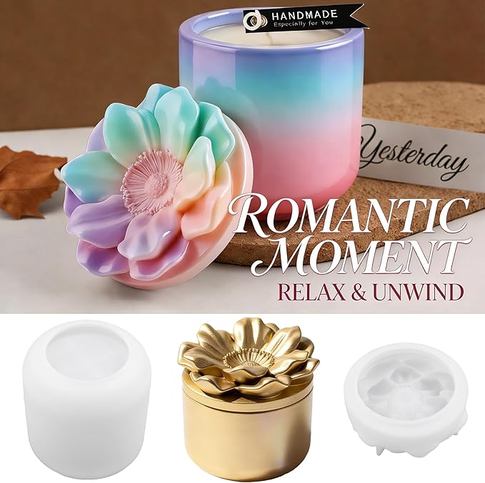 1Pc Jar Epoxy Resin Casting Mold with Poppy Flower Lid Jewelry Storage Box Container Silicone Mold for DIY Plant Flowerpot Vase Candle Holder Concrete Art Craft Home Decor Polymer Clay