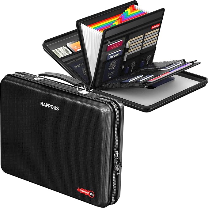 Fireproof Document Organizer, Expanding File Organizer with 13 Pockets, Portable Fireproof Document Box Hard-Shell Document Organizer Storage for Documents Laptop Passports Cards Black