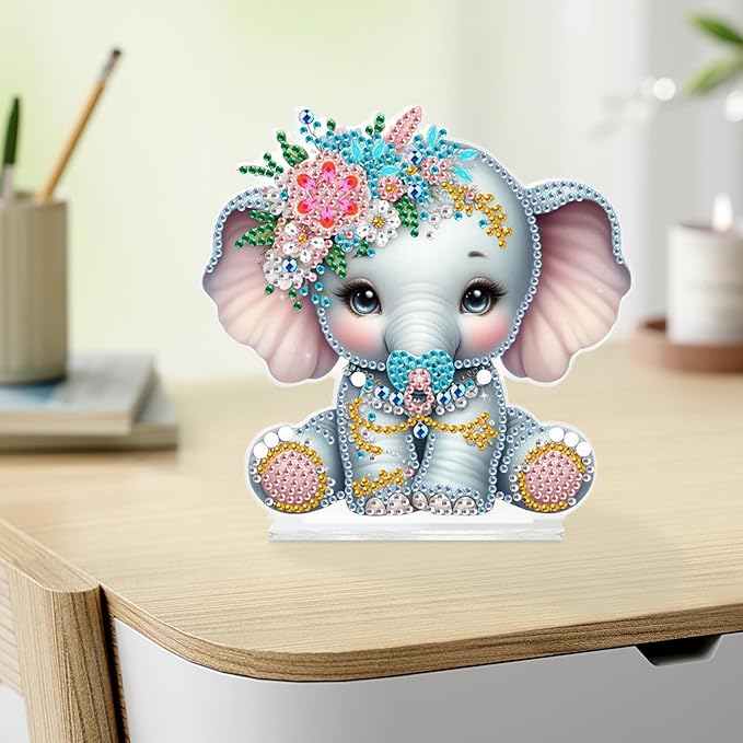 antor DIY Diamond Painting Desktop Ornament Kit, Acrylic Tabletop Diamond Art Decoration, Special Shape Crystal Diamond Painting Figurine Ornaments DIY Crafts Gift, Elephant with Floral Crown