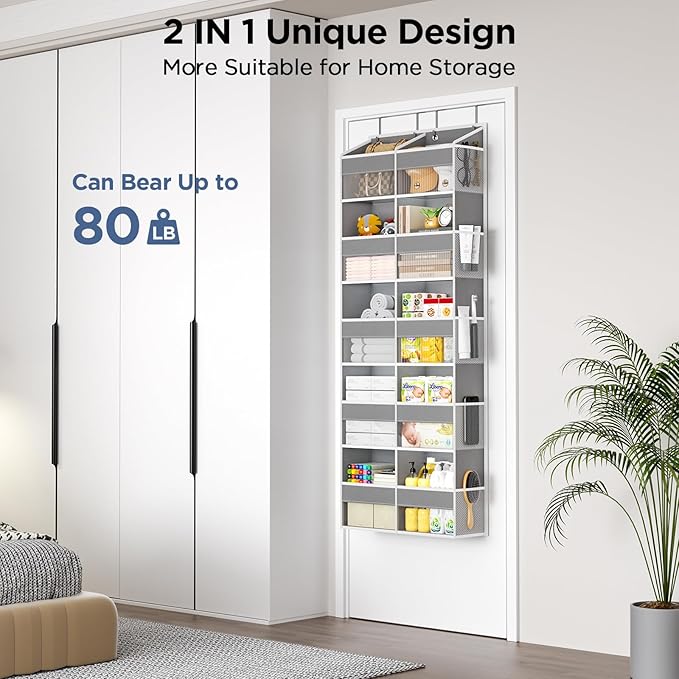 PureSpace 5-Tier Over the Door Organizer, 10 Side Mesh Pockets & Clear Windows, 80LBS Heavy Duty Hanging Storage for Baby Diapers, Shoes, Toys – Ideal for Nursery, Bathroom, Bedroom, Pantry (Grey)