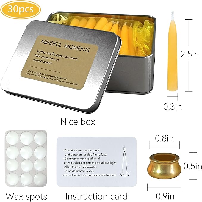 Mini Taper Candle Meditation Candles,20 Minute Prayer Candlestick Dripless Beeswax Candles with Brass Candle Holder for Yoga & Spiritual Rituals (Set of 30)