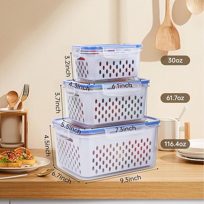 3 PCS Fruit Storage Containers for Fridge Food Storage Container Set with Removable Strainer, Lid with Strainer, Fruit & Vegetable Crisper, BPA-Free Plastic Produce Crisper for Long-Term Freshness