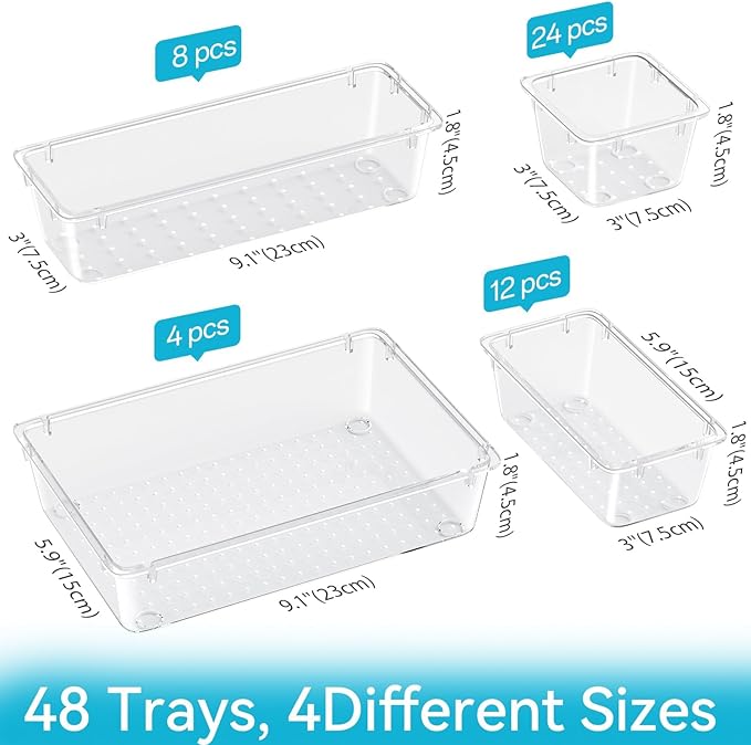 ElegantArray 48 PCS Drawer Organizer Set, 4 Sizes Tool Storage Trays, Clear Plastic Makeup Vanity Organizer and Storage Bins for Makeup, Stationeries, Multiple Gadgets for Bathroom, Office, Bedroom