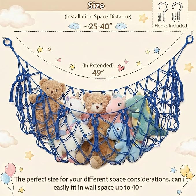 Stuffed Animal Net or Hammock for Flat Wall Mounted Handmade Macrame Toy Display Hanging Plush Toy Net for Stuff Animal Storage(blue large)