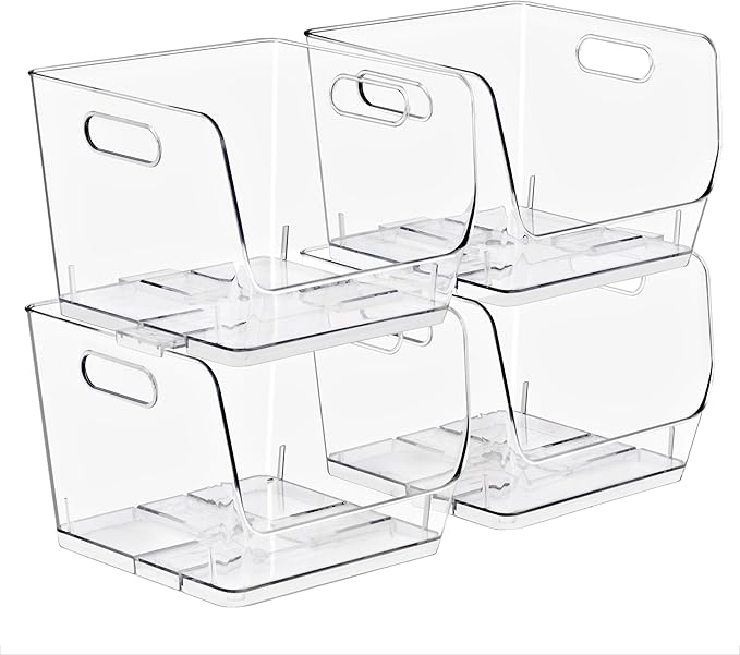 Sorbus Stackable Storage Bins Open Front, Clear Stackable Storage Bins, Pantry Bins for Storage and Organization, Acrylic Stackable Bins for Kitchen, Clear Pantry Organizer Bins (Medium Sqware 4 Pack)