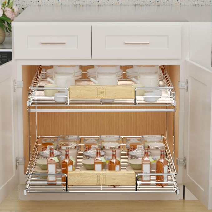 LOVMOR 2 Tier Pull Out Cabinet Organizer 28½" W x 21½" D, Slide Out Drawers with Wooden Handle, Sliding Shelves Organization and Storage for Kitchen, Pantry