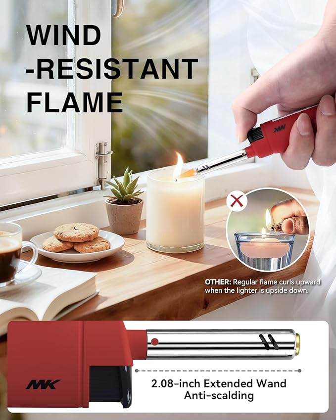 MK Candle Lighter, Butane Refillable Wind-Resistant Flame, 4-Pack for BBQ, Camping, Outdoor Use (New Hue-4PC)