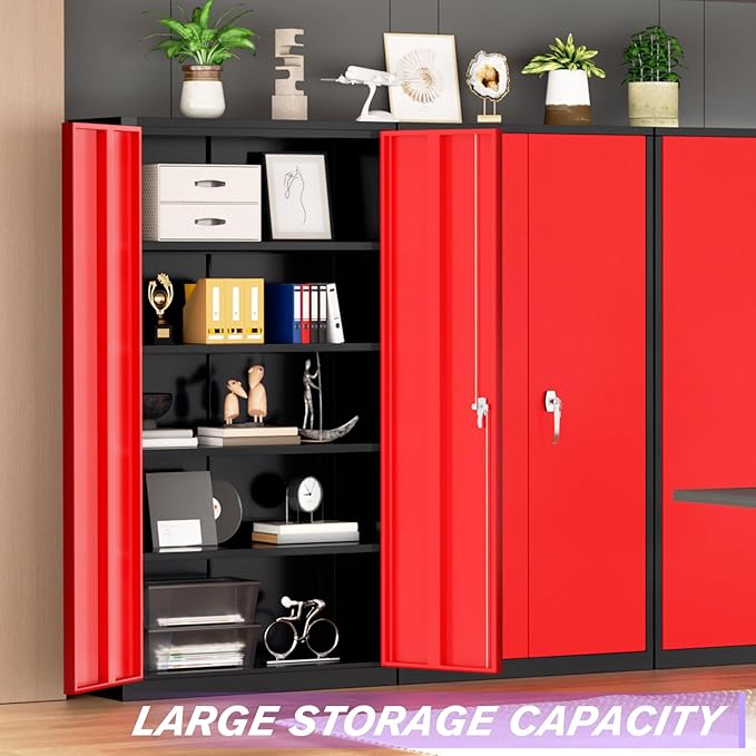 Superday Metal Storage Cabinets, 72" Storage Cabinet with Locking Door, Tall Garage Cabinet with 2 Doors and 4 Adjustable Shelves for Home Office, Classroom, Easy Assemble(Black Red)