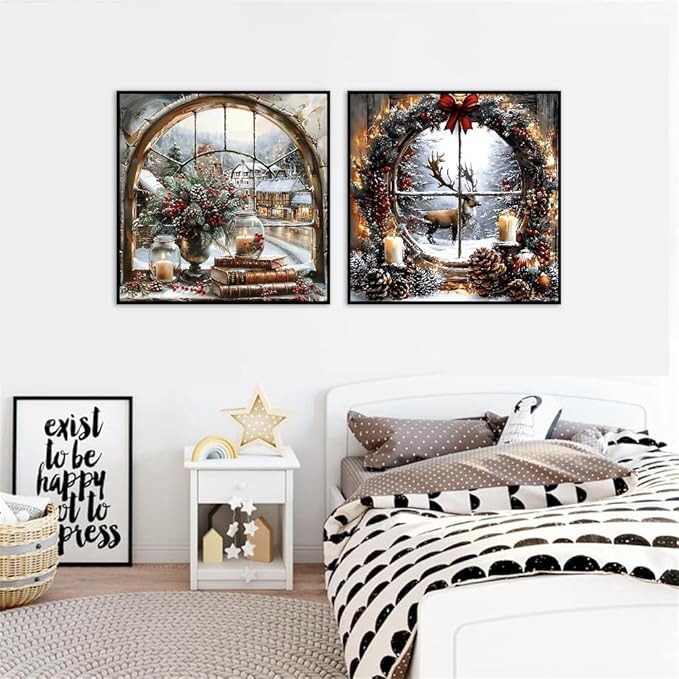 NEGEKFKX 2 Pack Christmas Paint by Numbers Kit for Adults Beginner with Framed,Deer Easy Adult Paint by Number Kits on Canvas DIY Painting for Beginners Art by Numbers for Home Wall Decor 10x10Inch