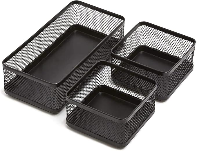 1InTheOffice Desk Baskets and Organizers Tray, Black Mesh Tray, Black Wire Mesh, 3-Compartment Stackable