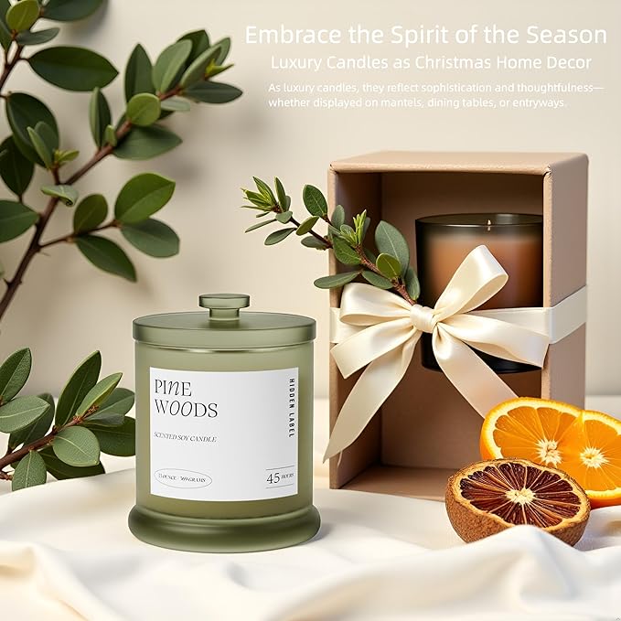 Hidden Label Pine Woods Scented Candle, 13oz Double Wick Soy Wax Candles for Home Scented, Fresh Christmas Tree & Balsam Fir Aroma | 45H Clean Burn Holiday Candles for Winter Decor & Gifts for Women