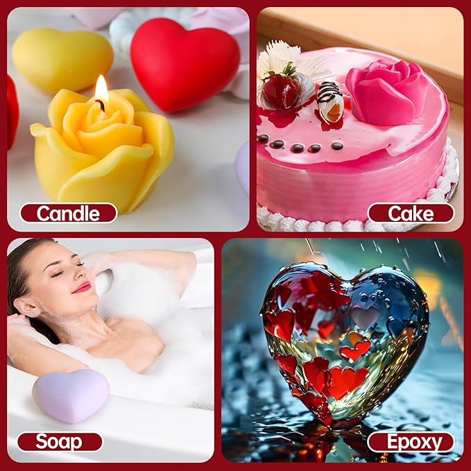 3D Rose & Heart Candle Molds, 2 Pcs Silicone Candle Molds for Candle Making,DIY Handmade Soaps, Flower Ice Cubes, Heart Chocolate, Valentine's Day Gift (Rose&Heart)