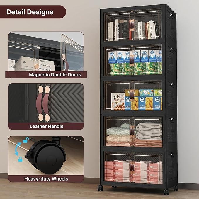 UAMFURI Stackable Storage Bins with Lids, 240QT Closet Organizers, Lockable Storage Cabinet，Foldable Storage Box with Doors and Wheels, Plastic Drawers for Home, Garage, Office (5, Black, Medium)
