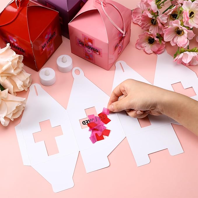 Simgoing 12 Sets Religious Valentine's Day Crafts with LED Candlelight Valentine's Day Cross Tissue Paper Crafts Kits DIY Cross Suncatchers Lanterns Hanging for Sunday School Christian Decoration