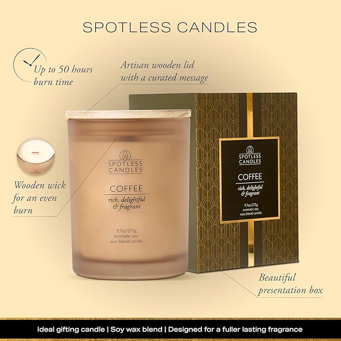 Coffee Candle - 9.7oz 55 Hrs Burn Time - Frosted Jar Candles with Wooden Wick in Gift Box with Gold Foil Strip for Elegence - Coffee Scented Candle