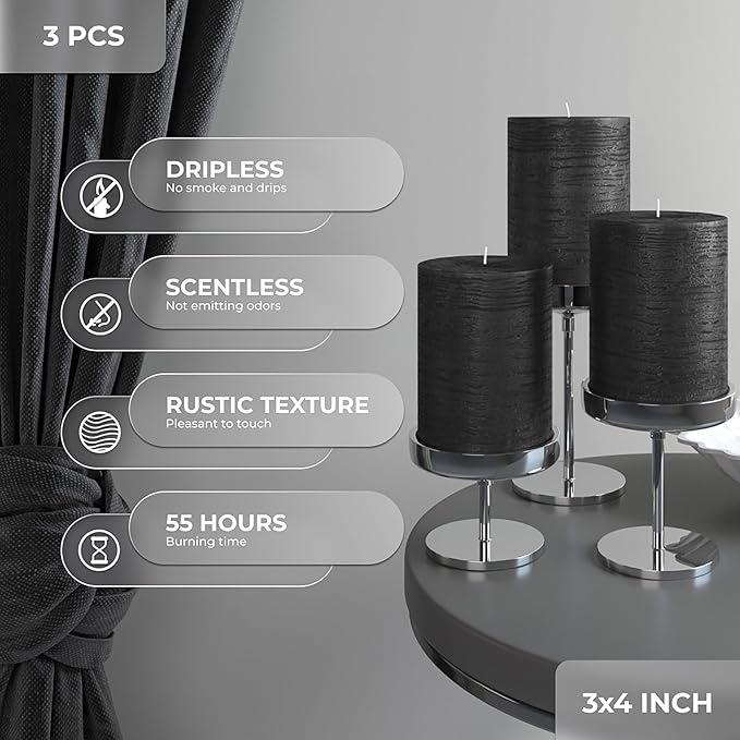 CANDWAX 3x4 inch Pillar Candles Set of 3 – Unscented Dripless Rustic Black Candles for Halloween Decor, Parties, Indoor Styling