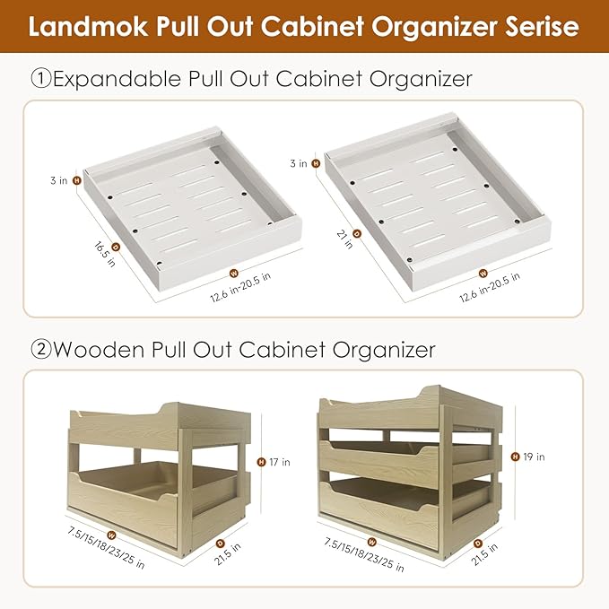 1 Pack Expandable Pull Out Cabinet Organizer 21" Deep, Adjustable Width 12.6"-20.5", No Drill Adhesive with Triple Track Rails, Heavy Duty Slide Out Drawers for Kitchen, Pantry, Cabinets,White