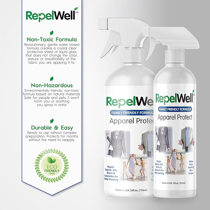 RepelWell Apparel Protect (24oz) Stain & Water Repellent Spray – Non-Toxic, Eco-Friendly, Pet-Safe Sprays for Clothing & More