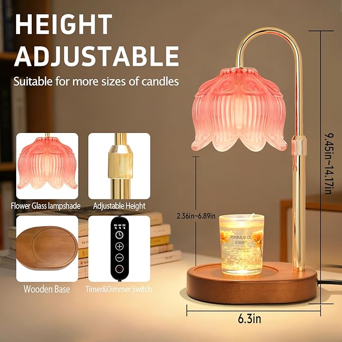 Candle Warmer lamp with Timer Dimmer,Electric Candle Warmer, Vintage Flower Lotus lamp,Compatible with Various Candles, Gifts for Mom Women,Candle Lamp for Bedroom Home Decor (Pink-01)