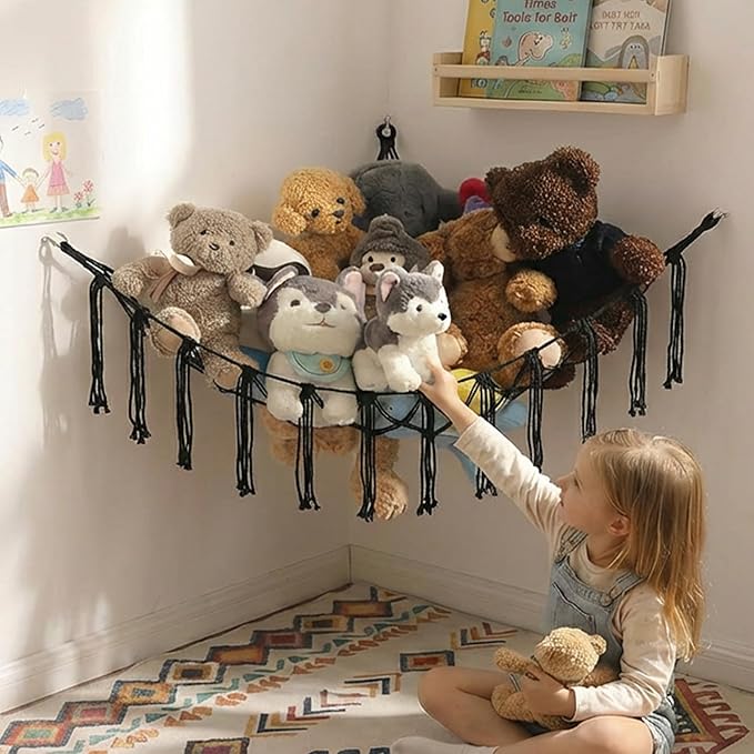 YKBU Stuffed Animals Hammock Corner Hanging Net Macrame Stuffed Animal Storage Plush Toy Holder Toy Organizer for Boho Nursery Playroom Bedroom Kids Room (black, Large)