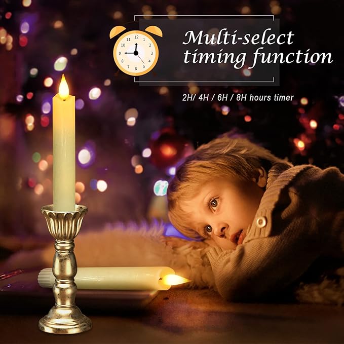 PChero Flameless Flickering Taper Candles with Remote Timer and Dimmer, 6.4 Inch Real Wax Ivory LED Candlesticks Battery Operated for Halloween Christmas Home Wedding Decor