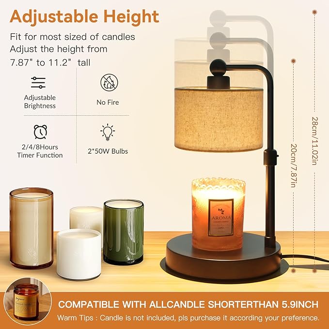 Candle Warmer Lamp with Timer, Height Adjustable Electric Candle Warmer Lamp with 2 Bulbs, House Warming Gifts, Vintage Bedroom Decor Compatible with Various Candles, Valentine Gifts, Birthday Gifts