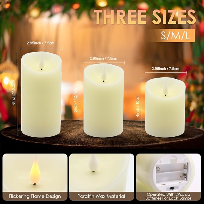 Flameless LED Candles Light, ALED Light 3 Pack Warm White Plus Multicolor Real Wax Battery Operated Electric LED Battery Candles with Timer FLameless Pillar Candles for Decoration