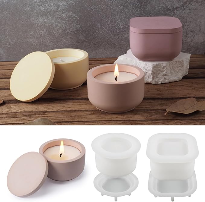 2 Sizes Candle Jar Molds, Silicone Concrete for Candle Holder with Lids, Candles Resin Mould Epoxy Resin Casting DIY for Candle Making Supplies Scented Candles Soaps Making